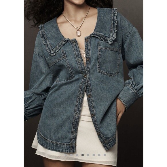 Pilcro Tops - Anthropologie PILCRO Frill-Collar Blue Denim Buttondown Shirt 100% Cotton Sz 1X
